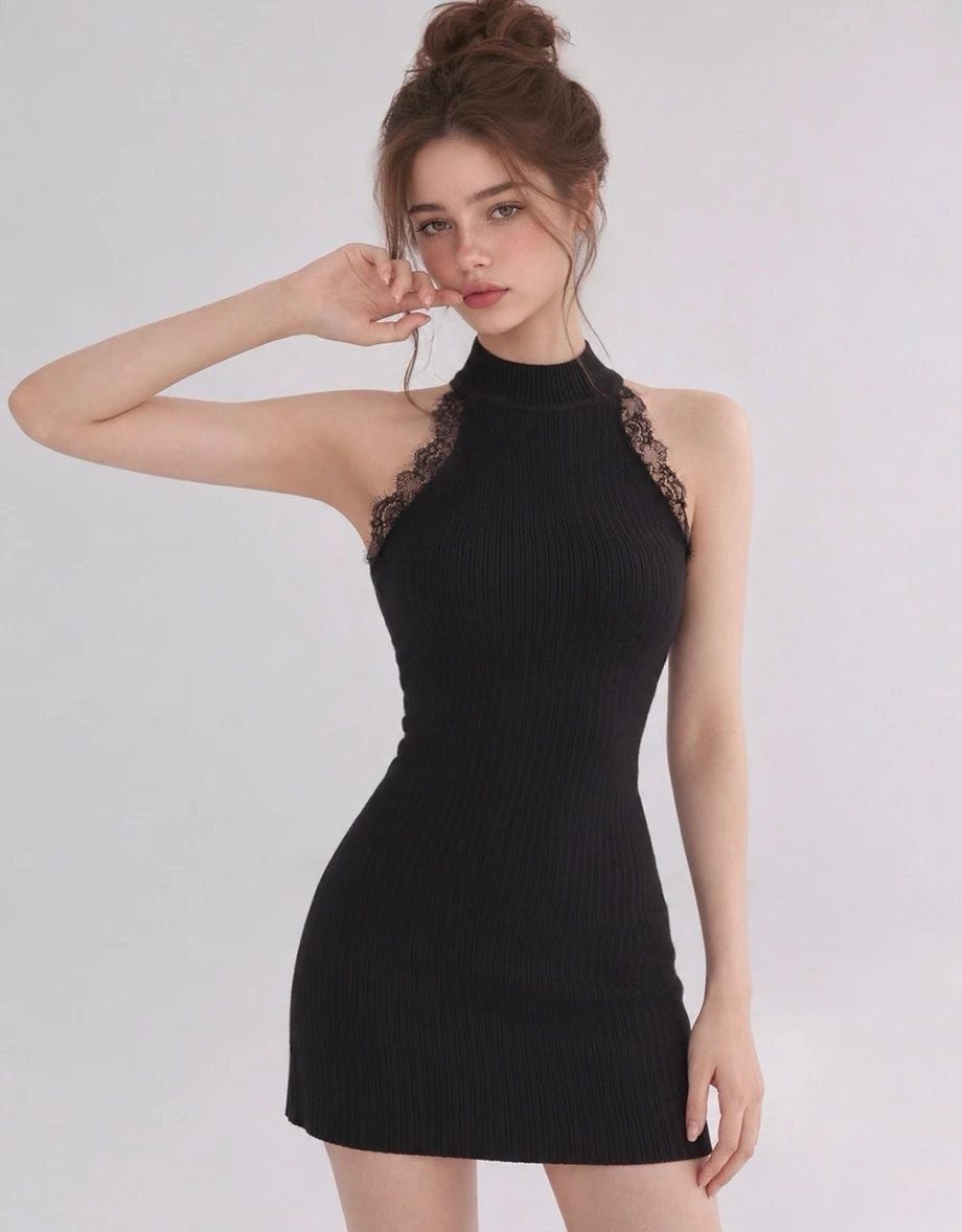 Lace Trim High Neck Sleeveless Ribbed Knit Padded Mini Dress Lace Trim High Neck Sleeveless Ribbed Knit Padded Mini Dress