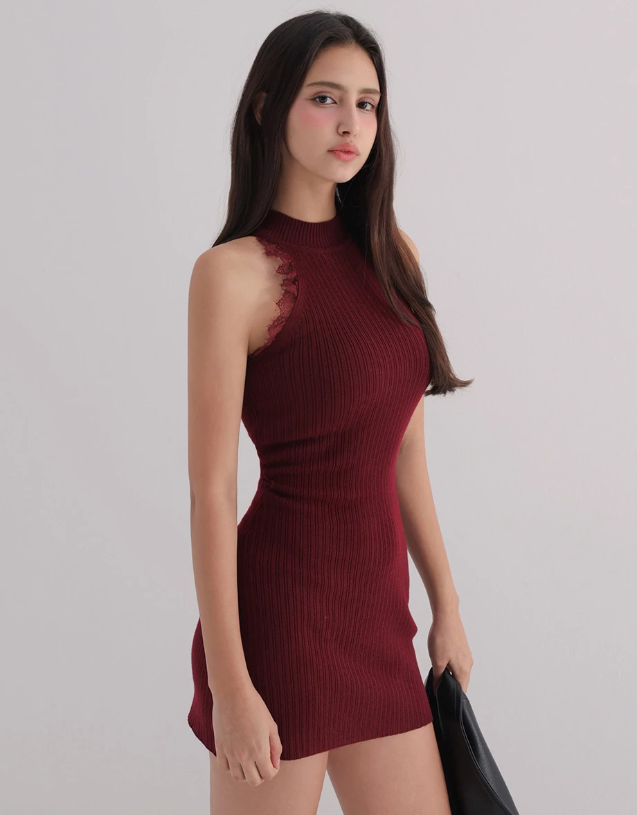 Lace Trim High Neck Sleeveless Ribbed Knit Padded Mini Dress Lace Trim High Neck Sleeveless Ribbed Knit Padded Mini Dress