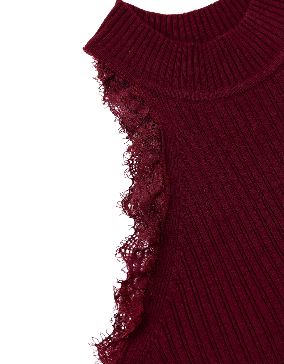 Lace Trim High Neck Sleeveless Ribbed Knit Padded Mini Dress Lace Trim High Neck Sleeveless Ribbed Knit Padded Mini Dress