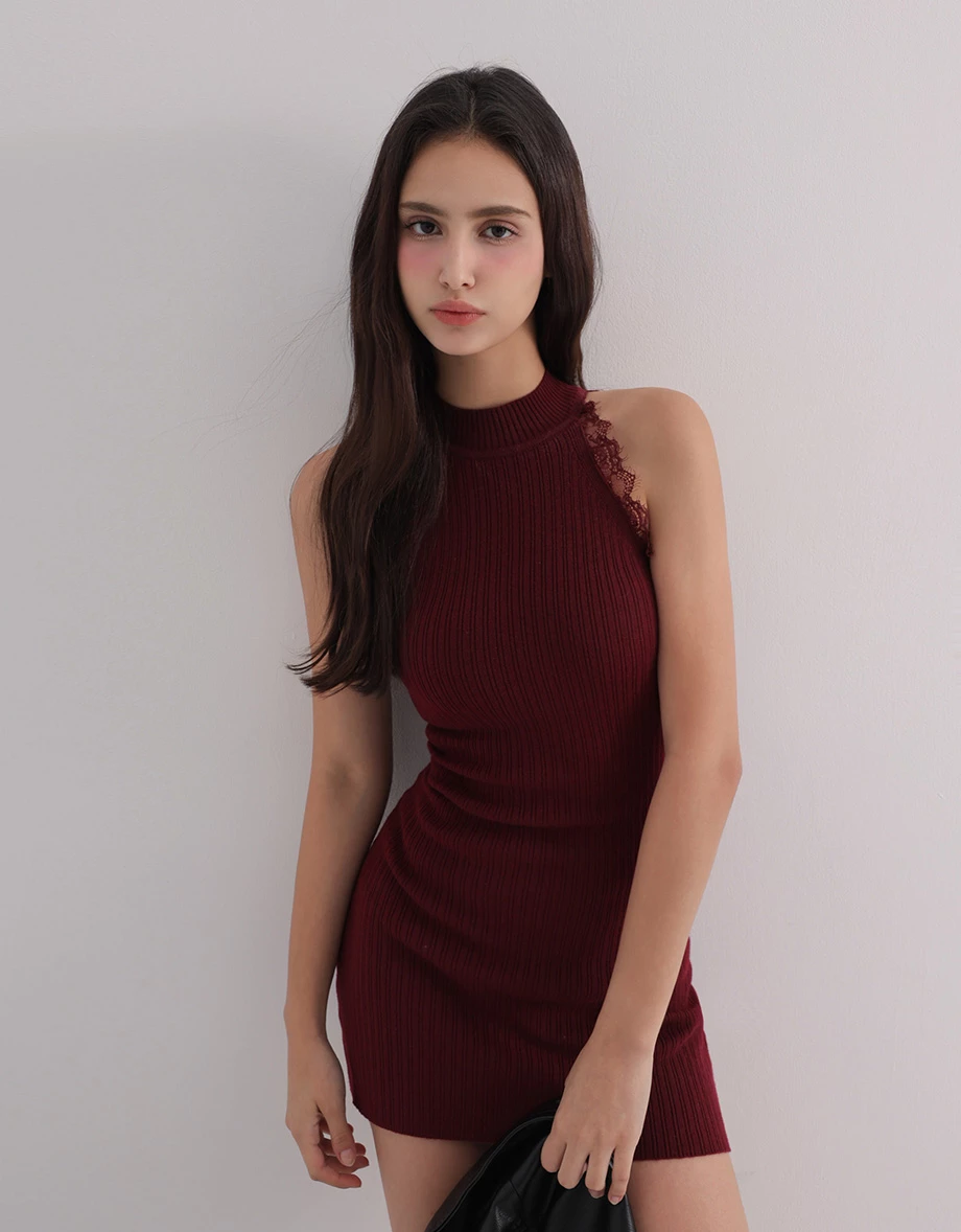 Lace Trim High Neck Sleeveless Ribbed Knit Padded Mini Dress
