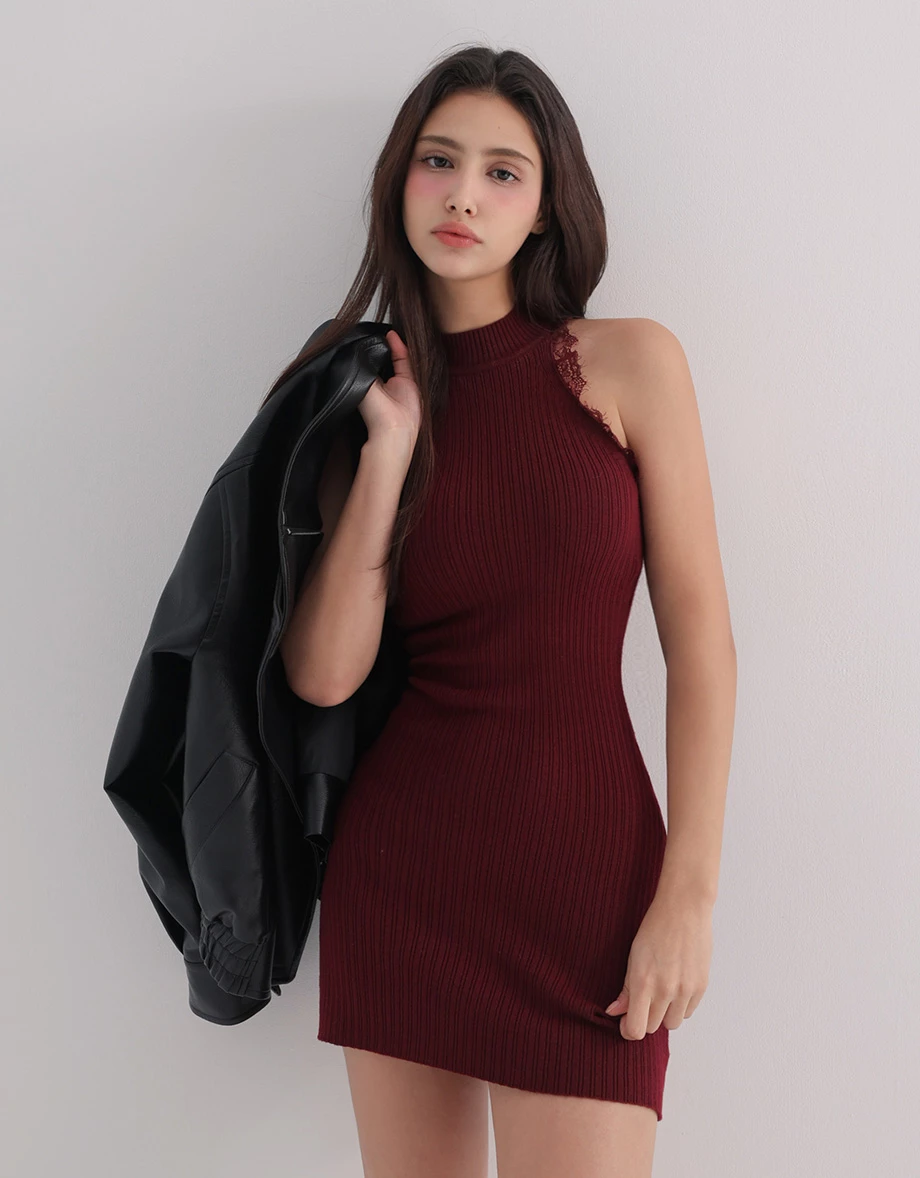 Lace Trim High Neck Sleeveless Ribbed Knit Padded Mini Dress Lace Trim High Neck Sleeveless Ribbed Knit Padded Mini Dress
