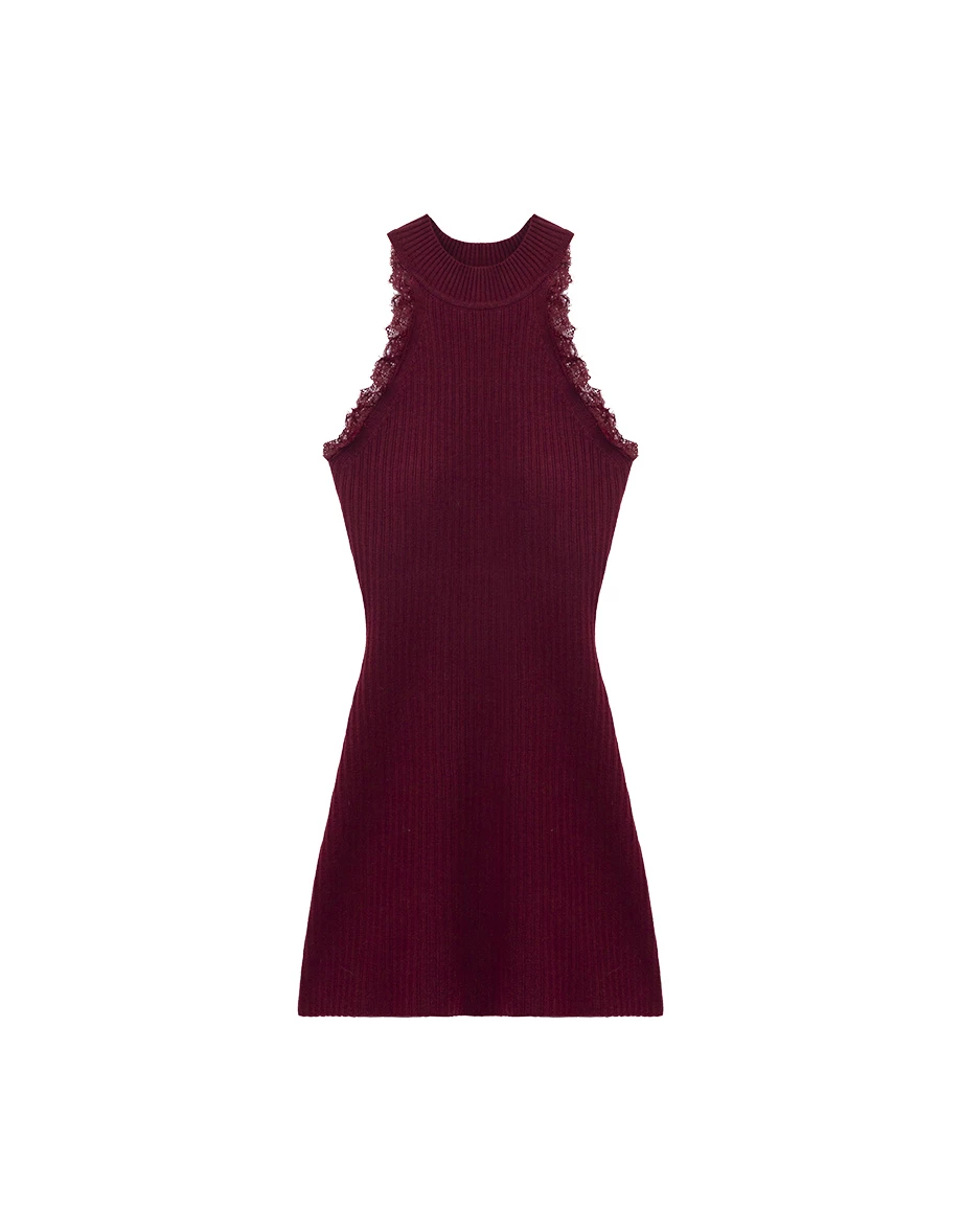 Lace Trim High Neck Sleeveless Ribbed Knit Padded Mini Dress Lace Trim High Neck Sleeveless Ribbed Knit Padded Mini Dress
