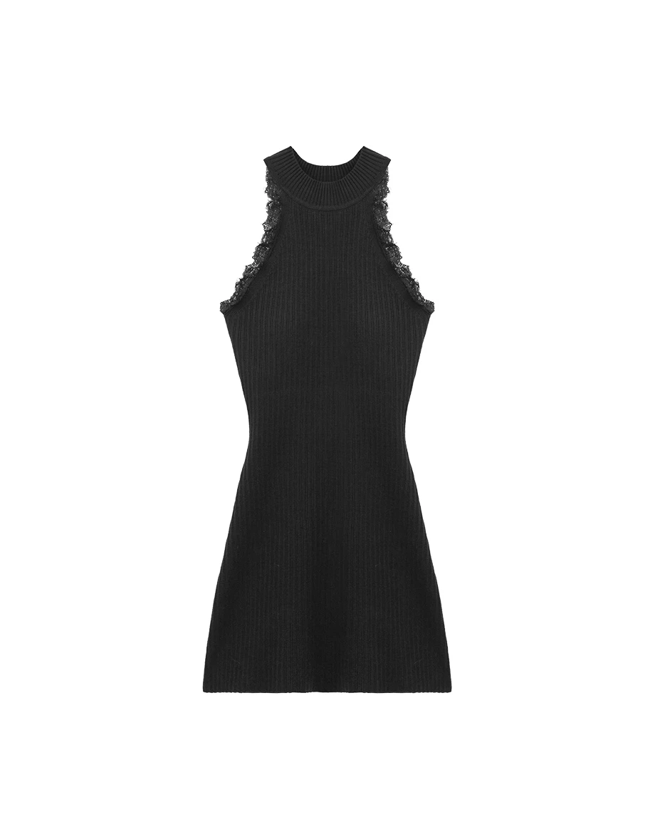 Lace Trim High Neck Sleeveless Ribbed Knit Padded Mini Dress