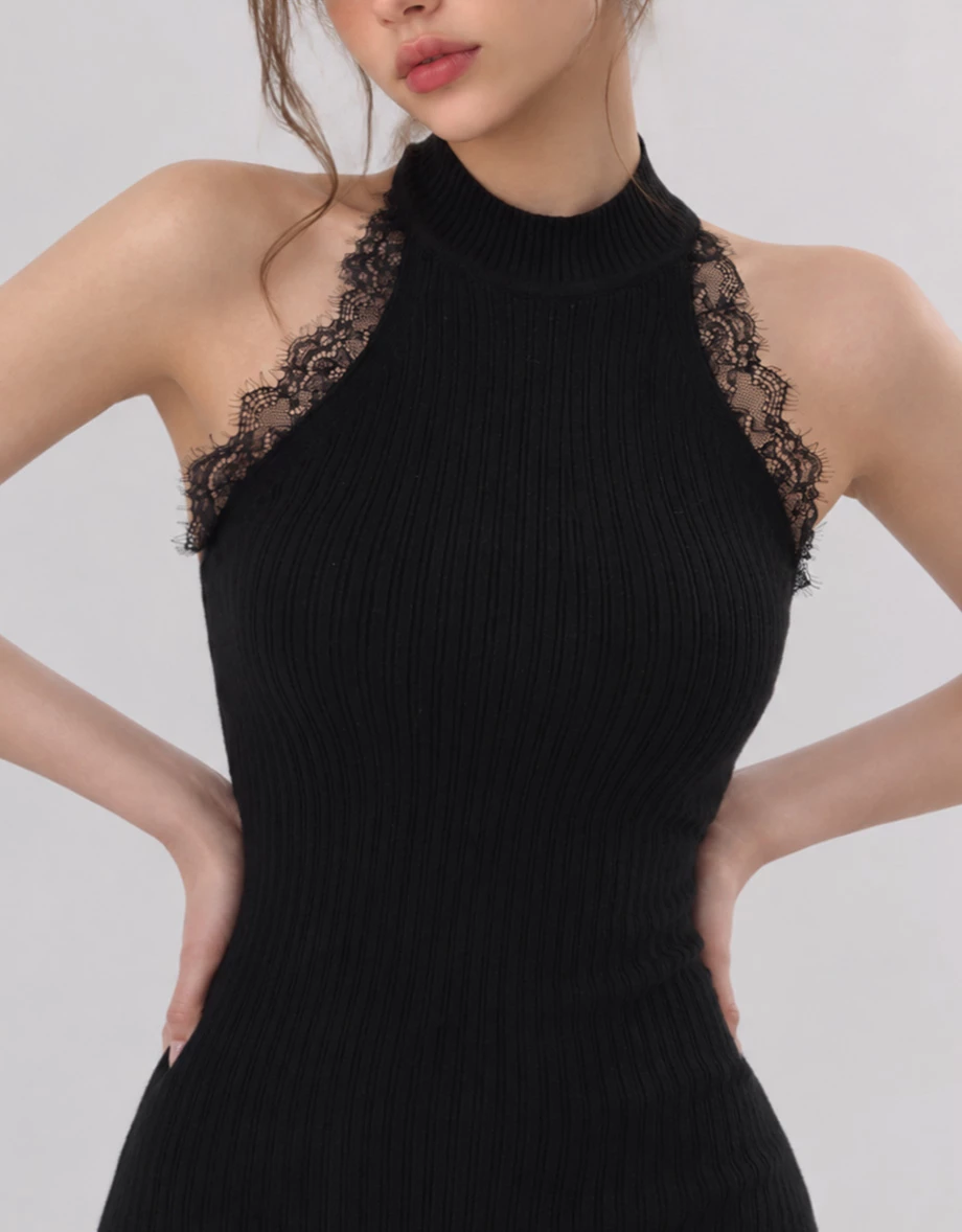 Lace Trim High Neck Sleeveless Ribbed Knit Padded Mini Dress