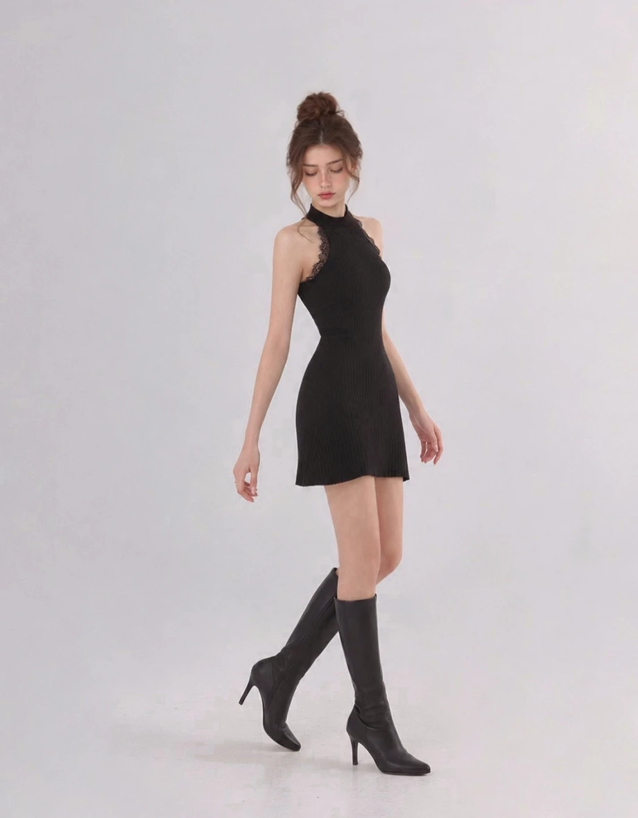 Lace Trim High Neck Sleeveless Ribbed Knit Padded Mini Dress