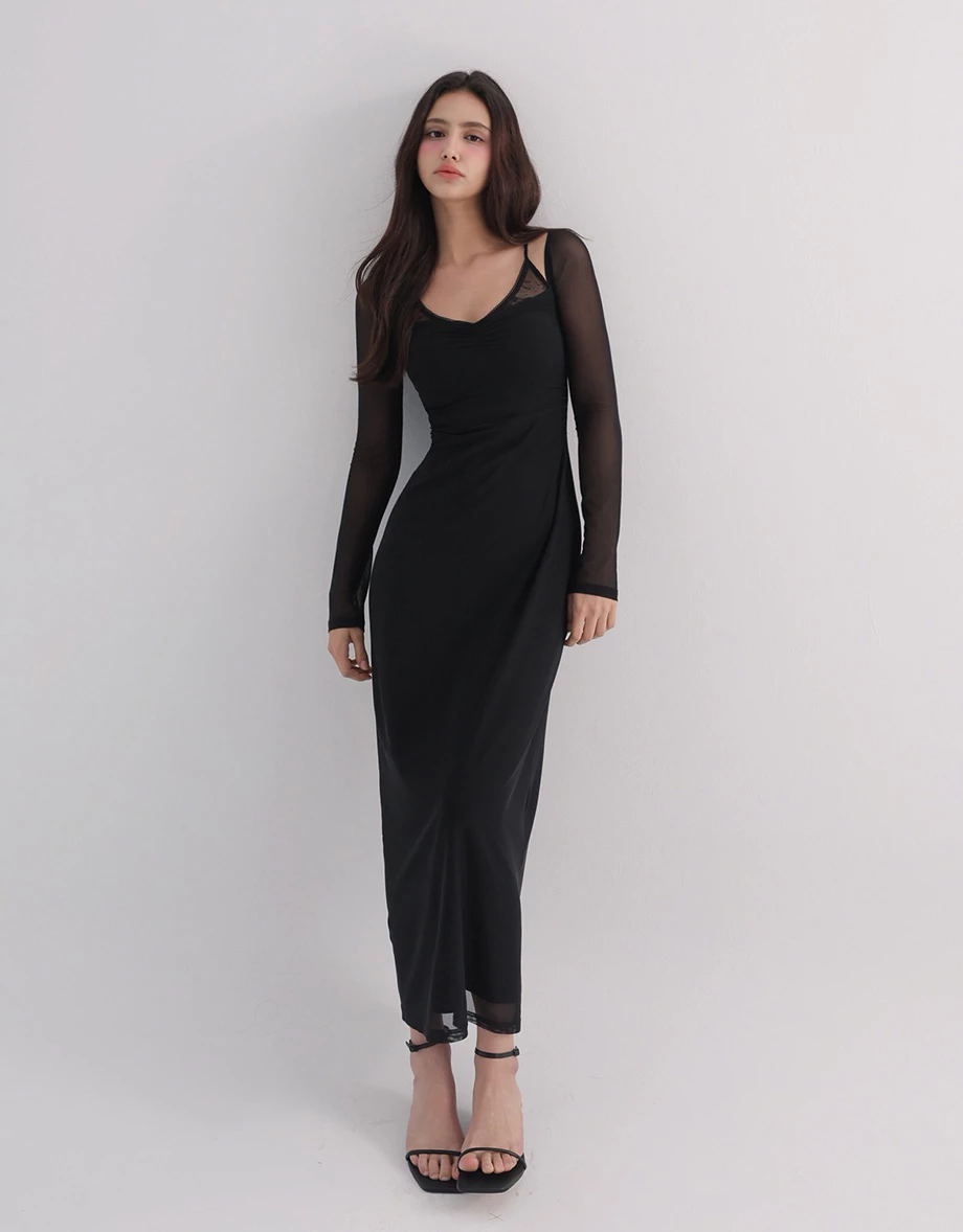 Ruched Bust Lace Panelled Double Strap Padded Maxi Dress