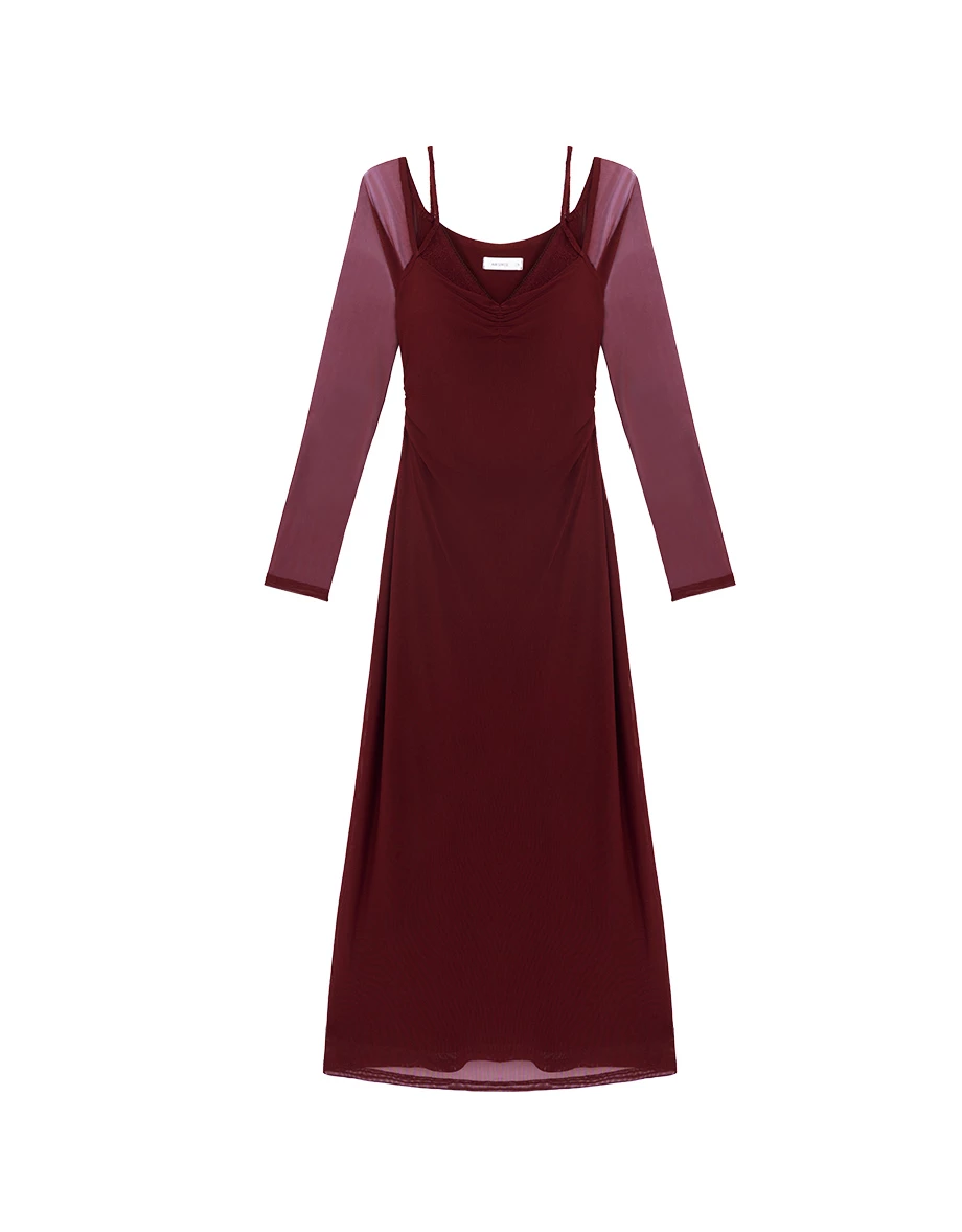 Ruched Bust Lace Panelled Double Strap Padded Maxi Dress