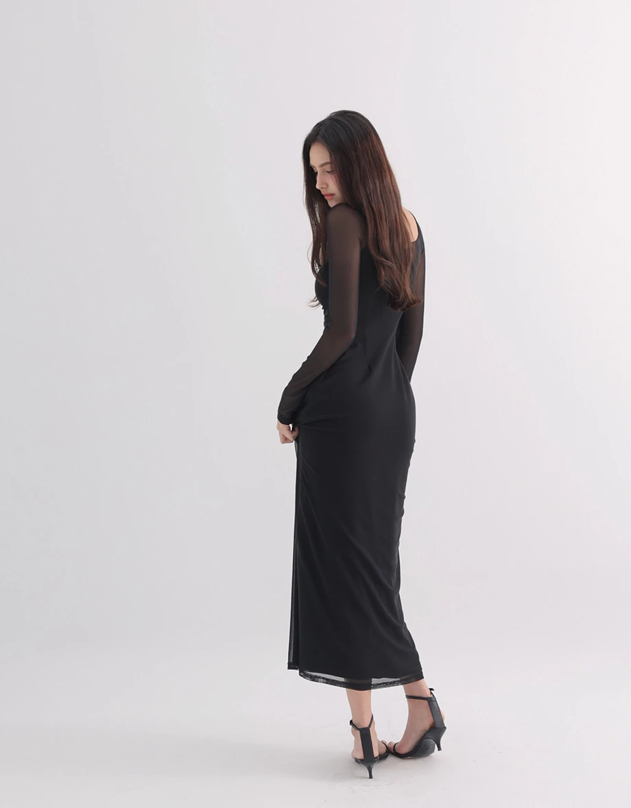 Ruched Bust Lace Panelled Double Strap Padded Maxi Dress
