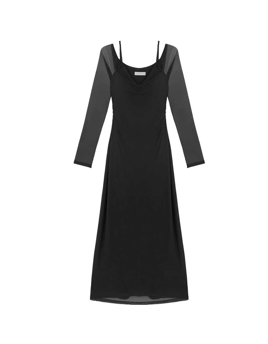 Ruched Bust Lace Panelled Double Strap Padded Maxi Dress