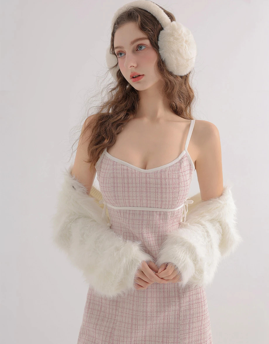 Side Bow Accent V Neck Tweed Padded Cami Mini Dress