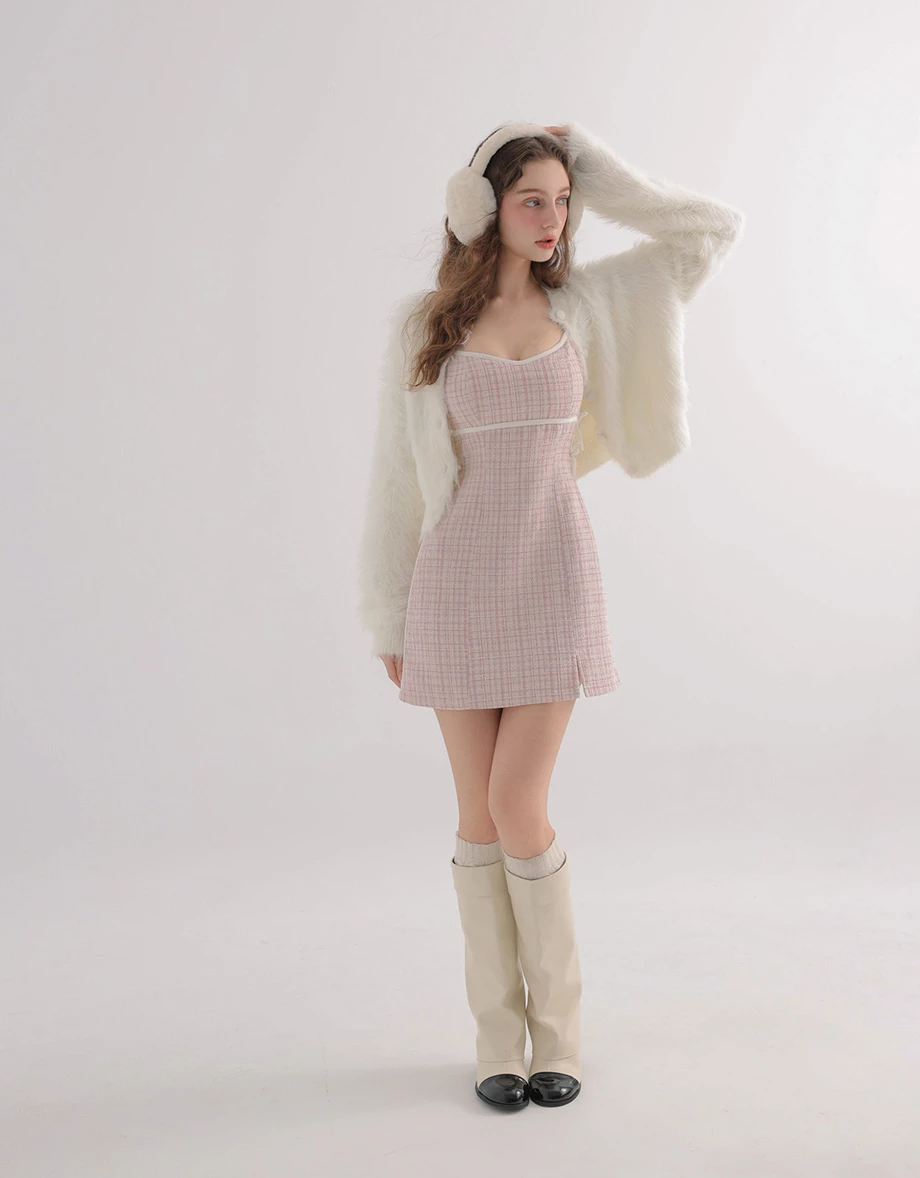 Side Bow Accent V Neck Tweed Padded Cami Mini Dress Side Bow Accent V Neck Tweed Padded Cami Mini Dress