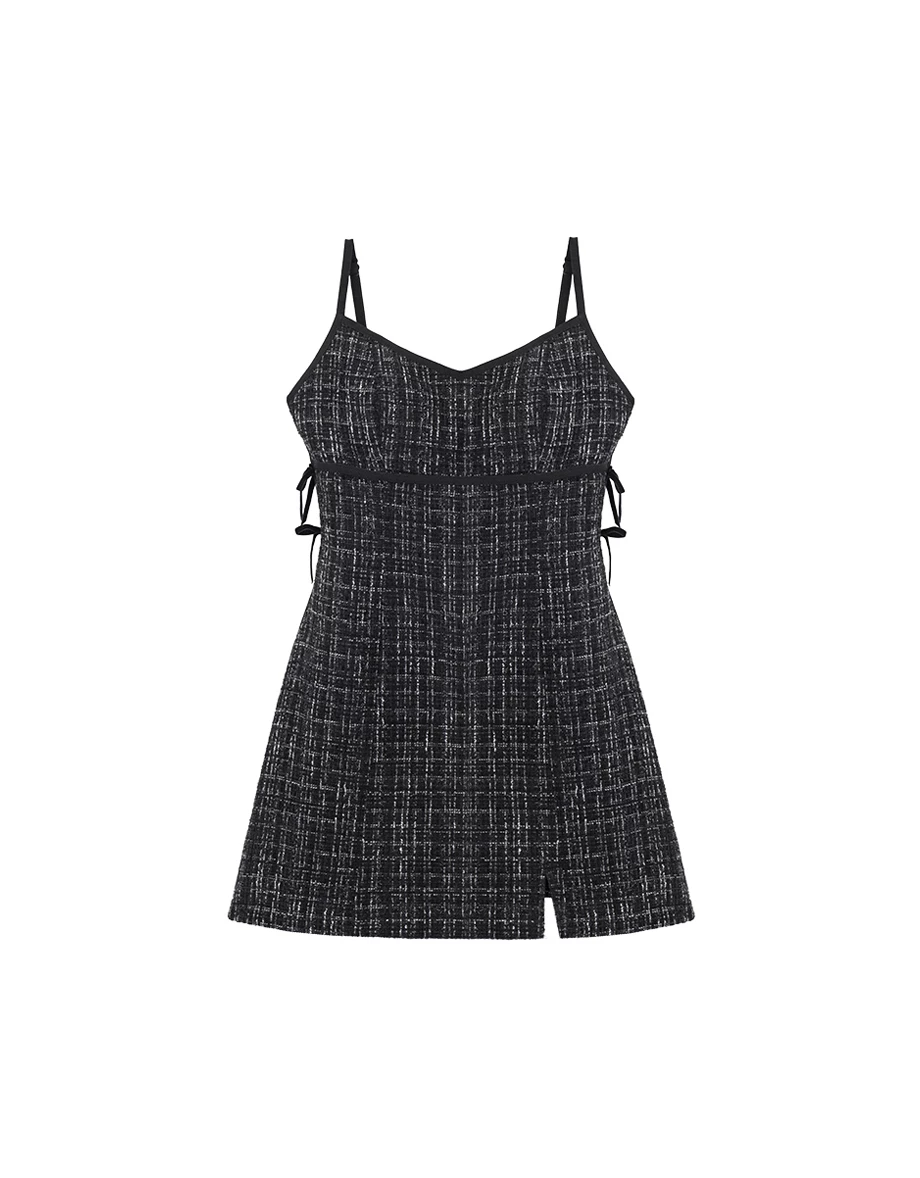 Side Bow Accent V Neck Tweed Padded Cami Mini Dress