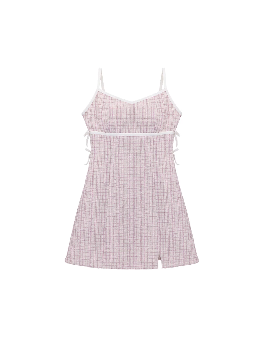 Side Bow Accent V Neck Tweed Padded Cami Mini Dress