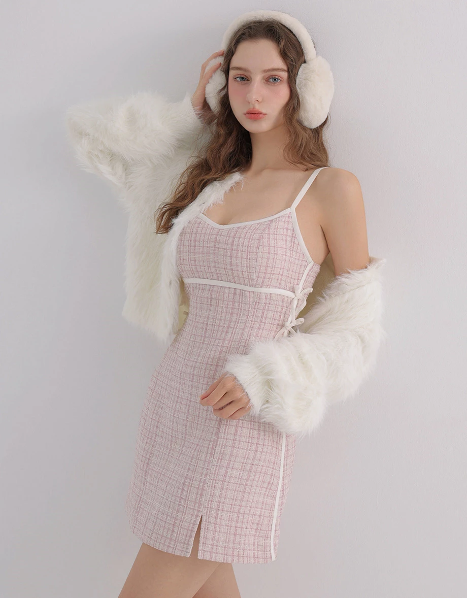 Side Bow Accent V Neck Tweed Padded Cami Mini Dress Side Bow Accent V Neck Tweed Padded Cami Mini Dress