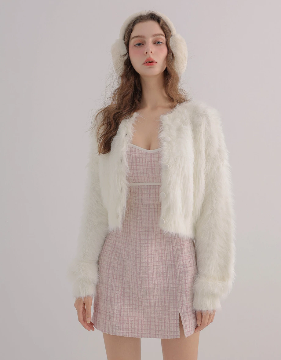 Side Bow Accent V Neck Tweed Padded Cami Mini Dress