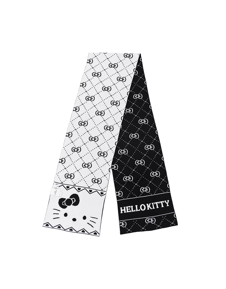 【Hello Kitty】滿版毛織圖案雙色圍巾 黑色款/粉色款