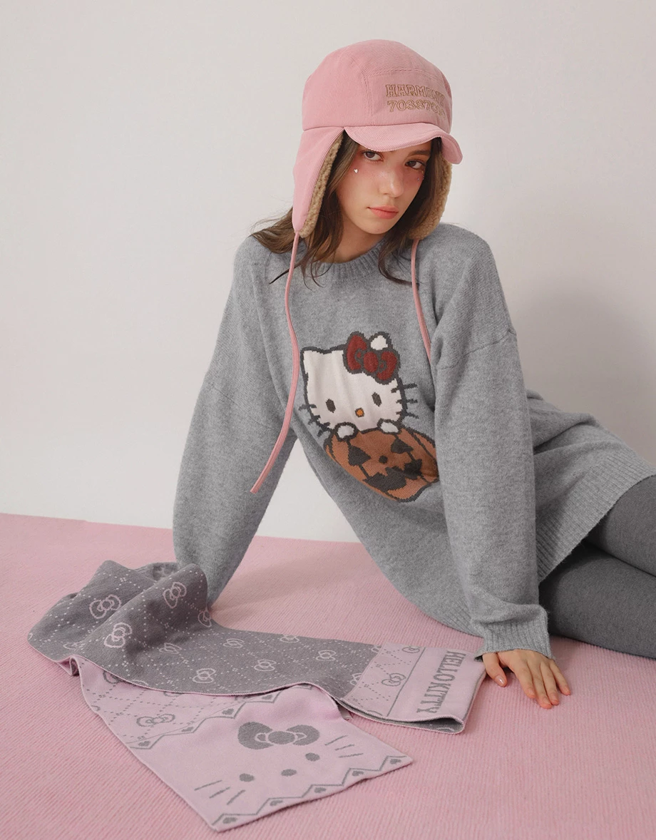 【Hello Kitty】滿版毛織圖案雙色圍巾 黑色款/粉色款 【Hello Kitty】滿版毛織圖案雙色圍巾 黑色款/粉色款