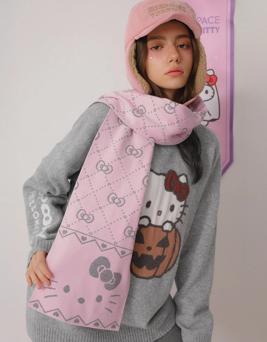 【Hello Kitty】滿版毛織圖案雙色圍巾 黑色款/粉色款 【Hello Kitty】滿版毛織圖案雙色圍巾 黑色款/粉色款