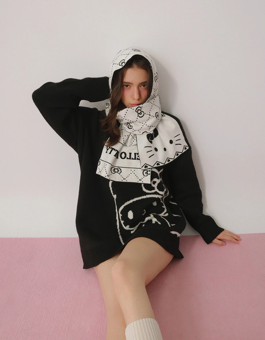 【Hello Kitty】滿版毛織圖案雙色圍巾 黑色款/粉色款 【Hello Kitty】滿版毛織圖案雙色圍巾 黑色款/粉色款