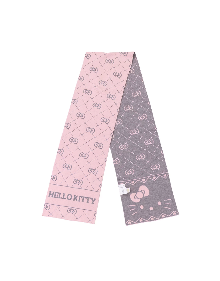 【Hello Kitty】滿版毛織圖案雙色圍巾 黑色款/粉色款