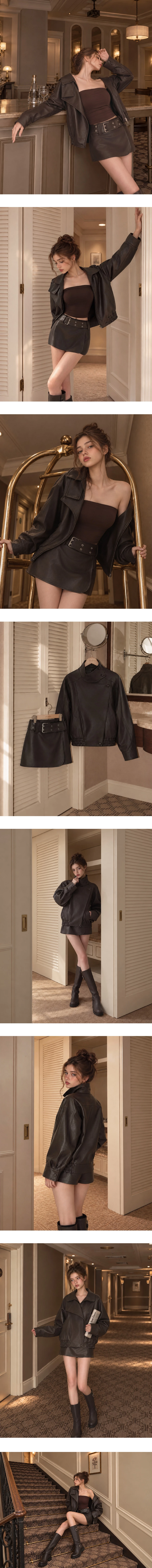 Asymmetric Zip Funnel Neck Elastic Hem Faux Leather Biker Jacket Asymmetric Zip Funnel Neck Elastic Hem Faux Leather Biker Jacket
