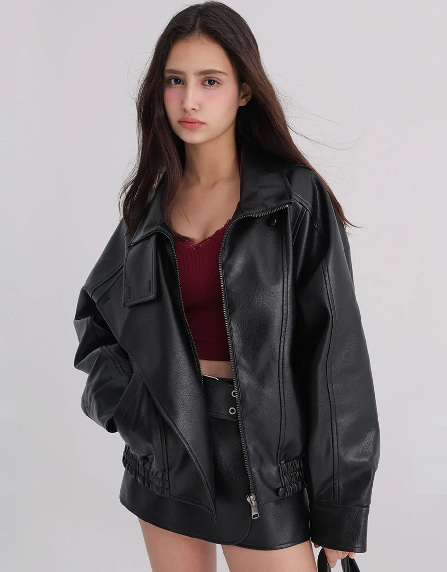 Asymmetric Zip Funnel Neck Elastic Hem Faux Leather Biker Jacket Asymmetric Zip Funnel Neck Elastic Hem Faux Leather Biker Jacket