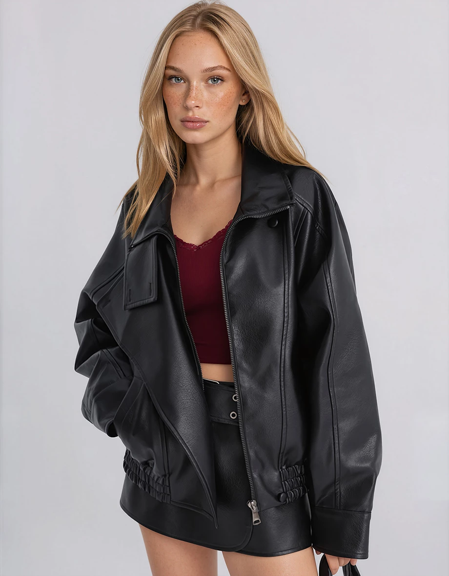 Asymmetric Zip Funnel Neck Elastic Hem Faux Leather Biker Jacket Asymmetric Zip Funnel Neck Elastic Hem Faux Leather Biker Jacket