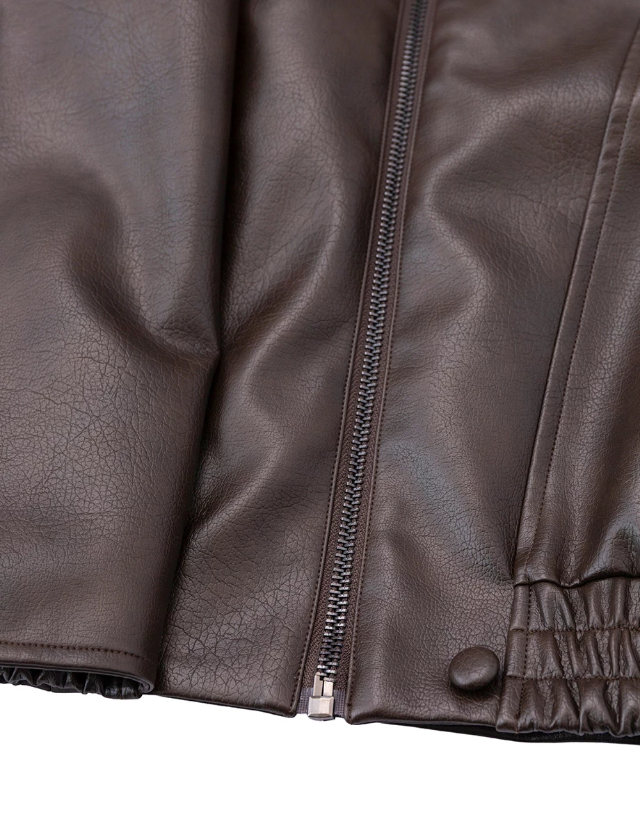 Asymmetric Zip Funnel Neck Elastic Hem Faux Leather Biker Jacket Asymmetric Zip Funnel Neck Elastic Hem Faux Leather Biker Jacket