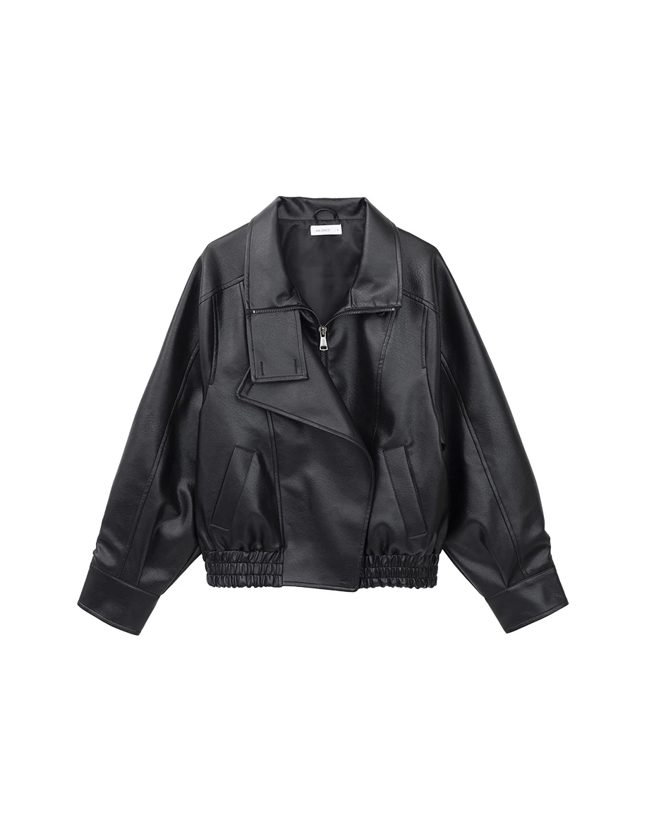 Asymmetric Zip Funnel Neck Elastic Hem Faux Leather Biker Jacket Asymmetric Zip Funnel Neck Elastic Hem Faux Leather Biker Jacket