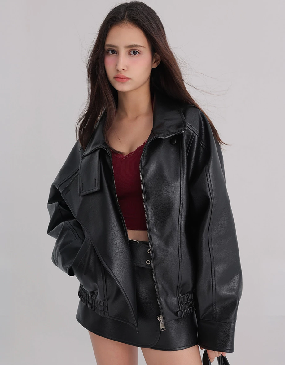 Asymmetric Zip Funnel Neck Elastic Hem Faux Leather Biker Jacket Asymmetric Zip Funnel Neck Elastic Hem Faux Leather Biker Jacket