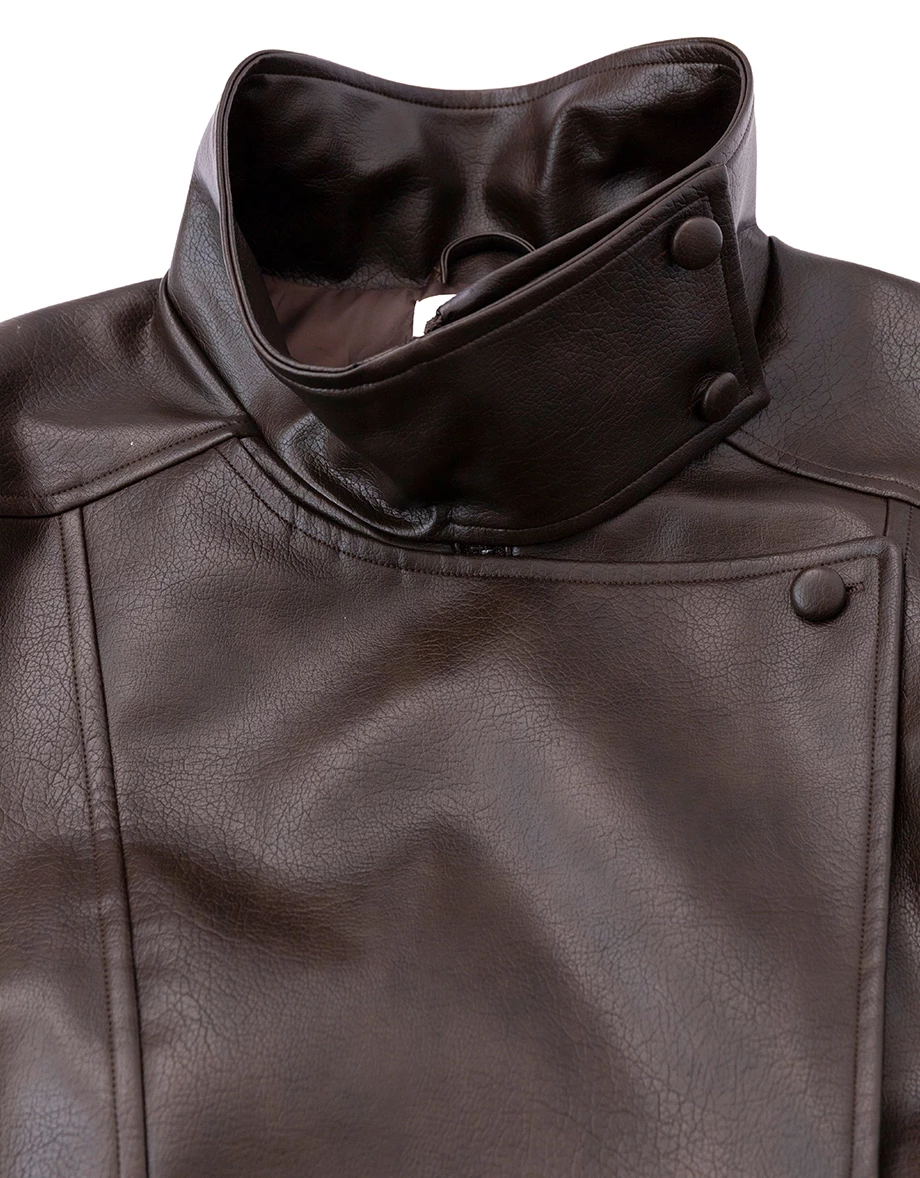 Asymmetric Zip Funnel Neck Elastic Hem Faux Leather Biker Jacket Asymmetric Zip Funnel Neck Elastic Hem Faux Leather Biker Jacket