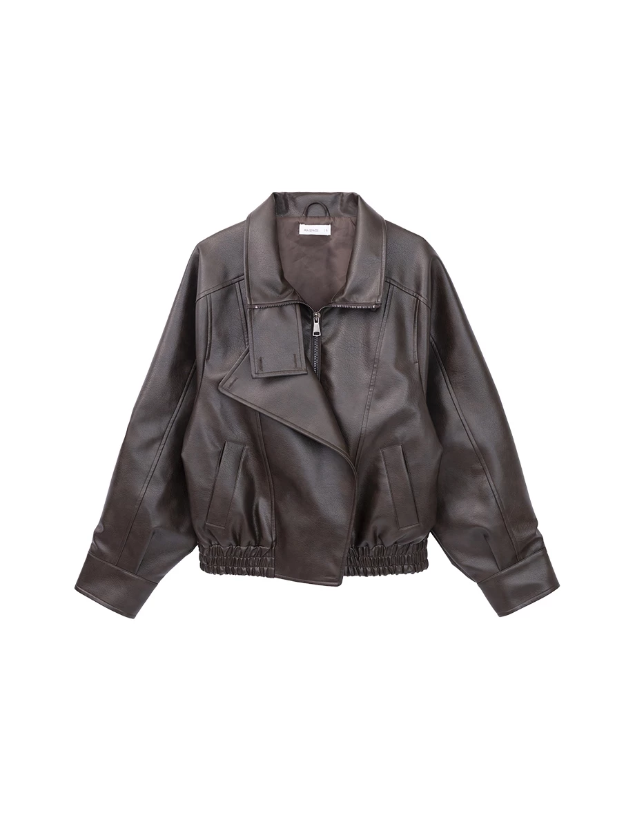 Asymmetric Zip Funnel Neck Elastic Hem Faux Leather Biker Jacket Asymmetric Zip Funnel Neck Elastic Hem Faux Leather Biker Jacket