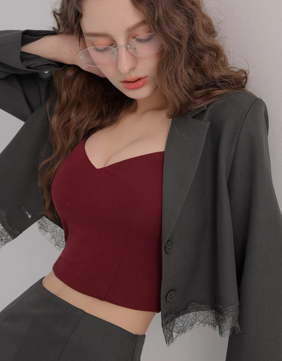 Collar Lapel Lace Hem Crop Long Sleeve Tailored Blazer (with Shoulder Pads)