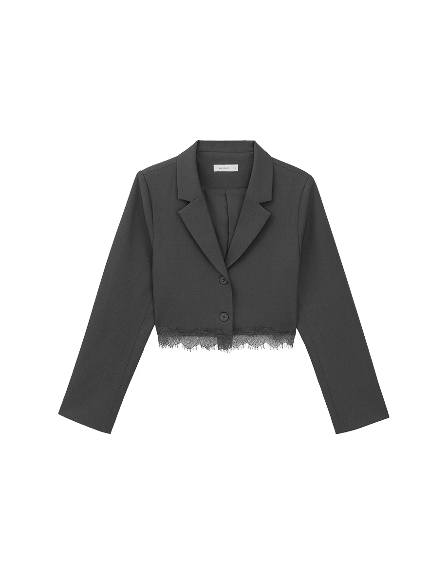 Collar Lapel Lace Hem Crop Long Sleeve Tailored Blazer (with Shoulder Pads)