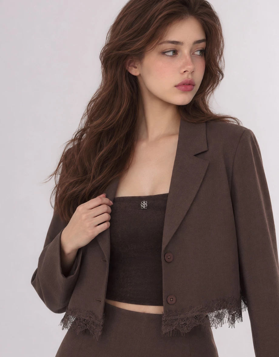 Collar Lapel Lace Hem Crop Long Sleeve Tailored Blazer (with Shoulder Pads)