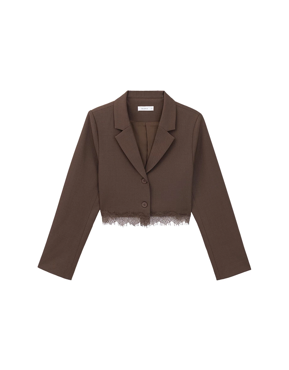 Collar Lapel Lace Hem Crop Long Sleeve Tailored Blazer (with Shoulder Pads)