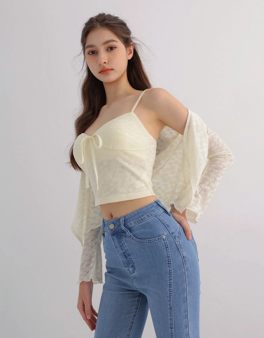 Flare Sleeve Open Front Shrug and Floral Lace Camisole Top Set Wear Flare Sleeve Open Front Shrug and Floral Lace Camisole Top Set Wear