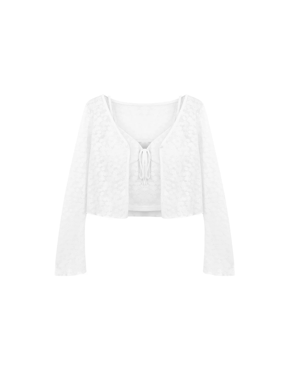 Flare Sleeve Open Front Shrug and Floral Lace Camisole Top Set Wear Flare Sleeve Open Front Shrug and Floral Lace Camisole Top Set Wear