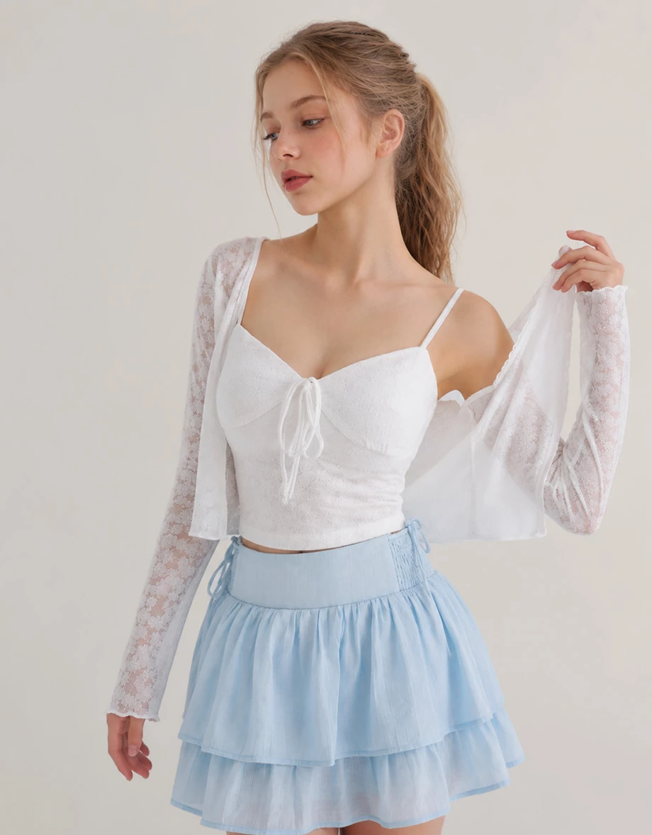 Flare Sleeve Open Front Shrug and Floral Lace Camisole Top Set Wear Flare Sleeve Open Front Shrug and Floral Lace Camisole Top Set Wear