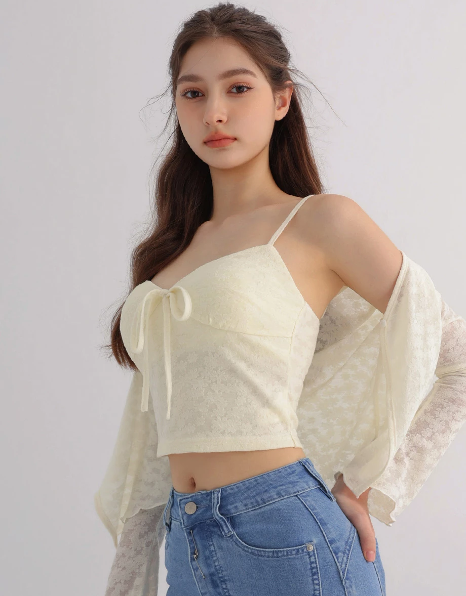 Flare Sleeve Open Front Shrug and Floral Lace Camisole Top Set Wear Flare Sleeve Open Front Shrug and Floral Lace Camisole Top Set Wear
