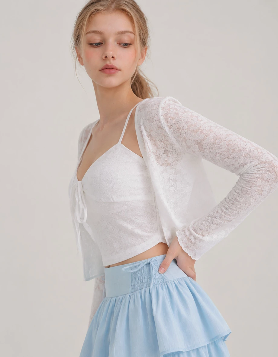 Flare Sleeve Open Front Shrug and Floral Lace Camisole Top Set Wear Flare Sleeve Open Front Shrug and Floral Lace Camisole Top Set Wear