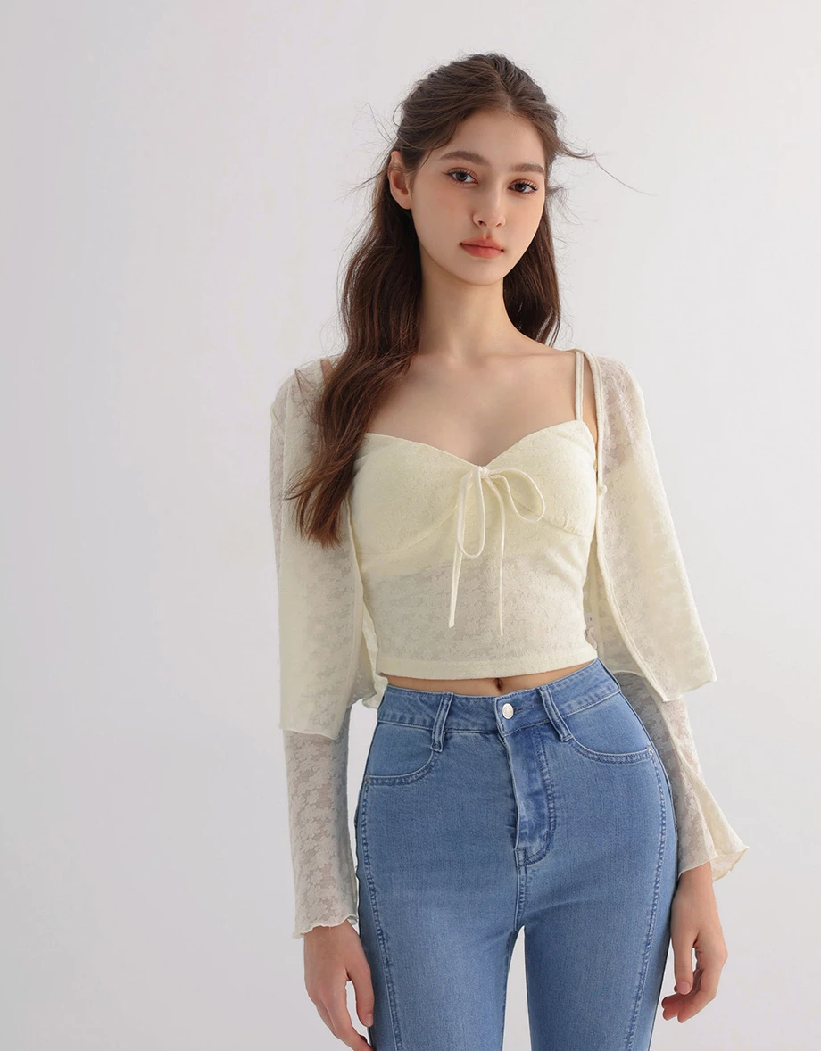 Flare Sleeve Open Front Shrug and Floral Lace Camisole Top Set Wear Flare Sleeve Open Front Shrug and Floral Lace Camisole Top Set Wear