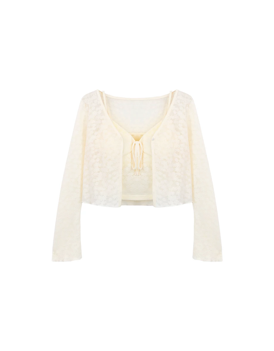 Flare Sleeve Open Front Shrug and Floral Lace Camisole Top Set Wear Flare Sleeve Open Front Shrug and Floral Lace Camisole Top Set Wear