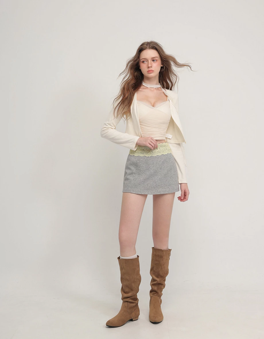 Open Front Cardigan and Mesh Cross Ruched Padded Cami Top Set Wear (with Neck Scarf) Open Front Cardigan and Mesh Cross Ruched Padded Cami Top Set Wear (with Neck Scarf)
