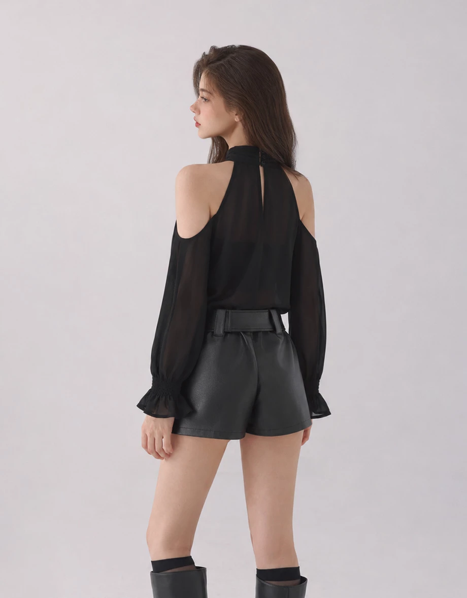 Ruched High Neck Cold Shoulder Sheer Chiffon Long Sleeve Padded Bra Top Ruched High Neck Cold Shoulder Sheer Chiffon Long Sleeve Padded Bra Top