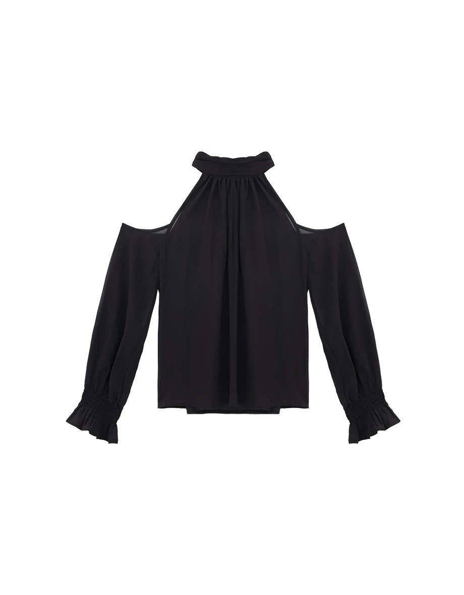 Ruched High Neck Cold Shoulder Sheer Chiffon Long Sleeve Padded Bra Top
