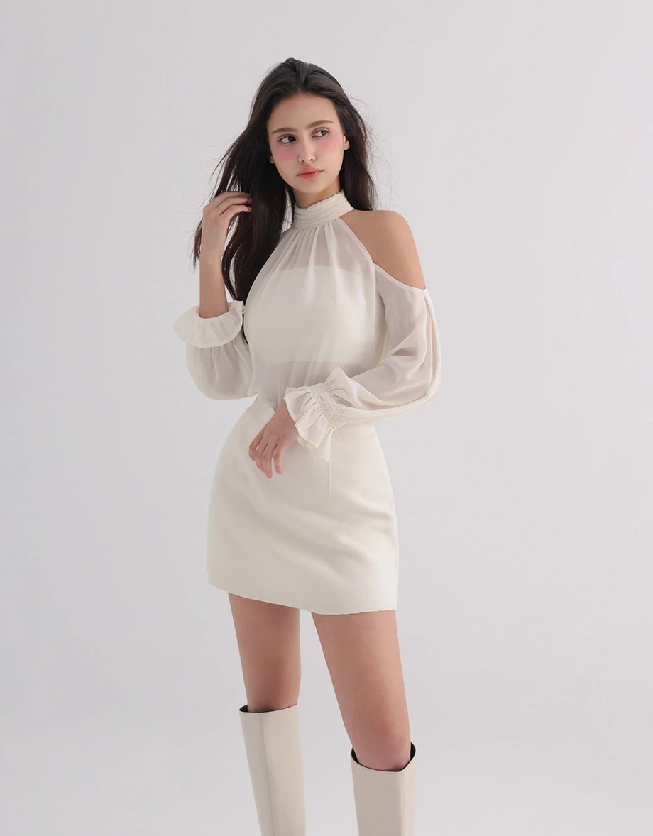 Ruched High Neck Cold Shoulder Sheer Chiffon Long Sleeve Padded Bra Top Ruched High Neck Cold Shoulder Sheer Chiffon Long Sleeve Padded Bra Top