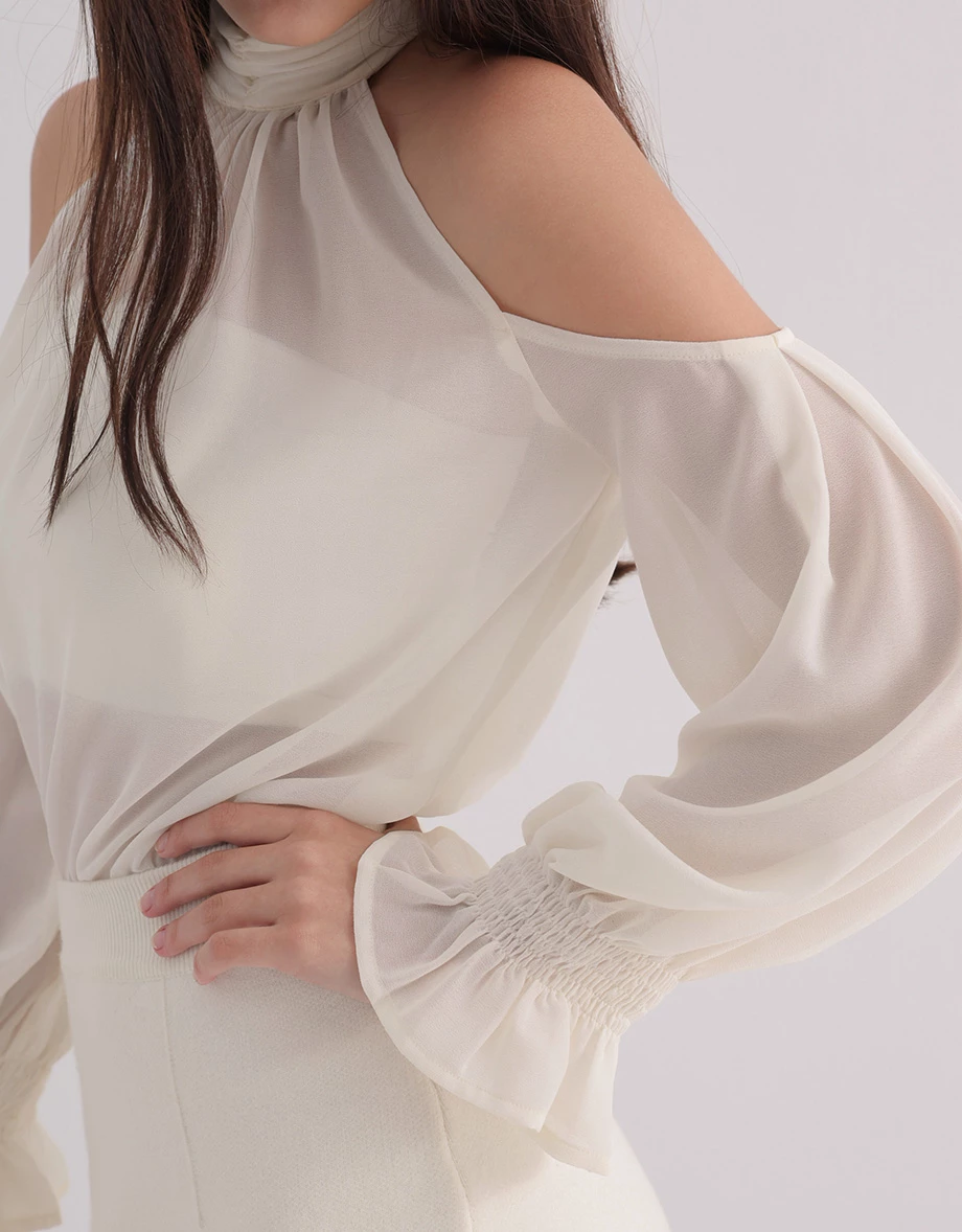 Ruched High Neck Cold Shoulder Sheer Chiffon Long Sleeve Padded Bra Top Ruched High Neck Cold Shoulder Sheer Chiffon Long Sleeve Padded Bra Top