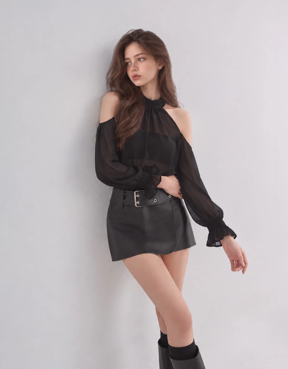 Ruched High Neck Cold Shoulder Sheer Chiffon Long Sleeve Padded Bra Top Ruched High Neck Cold Shoulder Sheer Chiffon Long Sleeve Padded Bra Top