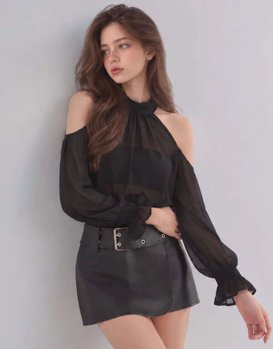Ruched High Neck Cold Shoulder Sheer Chiffon Long Sleeve Padded Bra Top